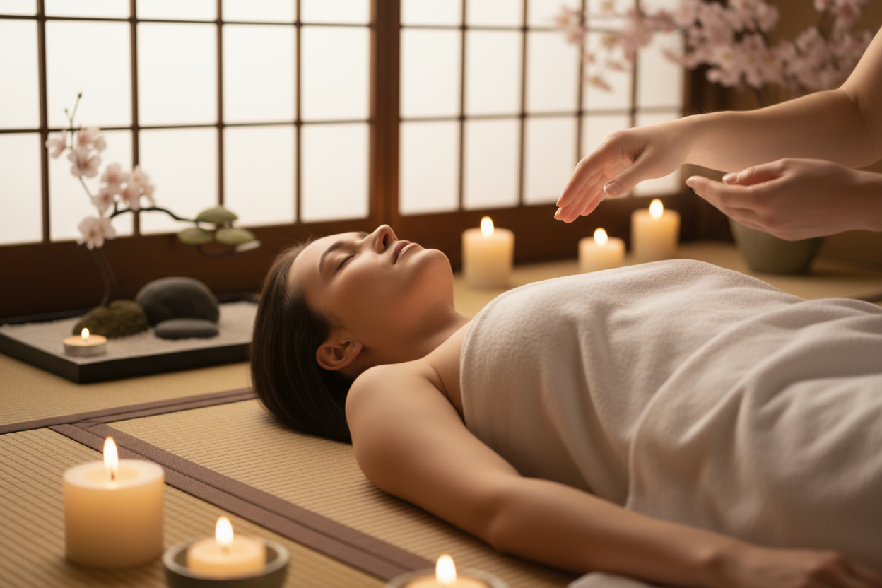 Close lookup on woman inside a jappanese decored room with candels pratecing reiki guided by the reiki mentor hands while she is laying with white sheet covering her under body