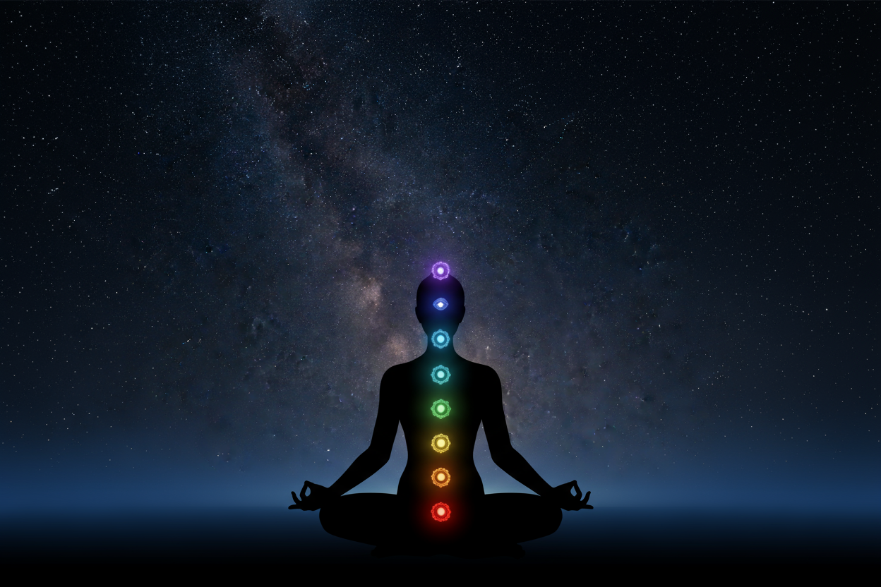 riequilibrio dei chakra, sagoma nera di un uomo, orizzonte celo stellato  