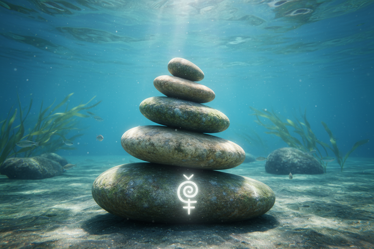 under water with stones on top of an other one, that rapresent peacfull ambient. with the Cho ku rei symbol