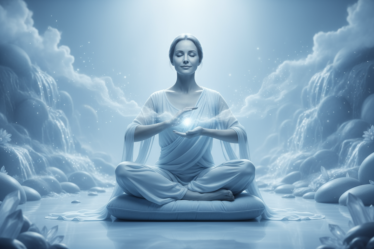 Woman doing Reiki in a peacfull place around the color light blu 